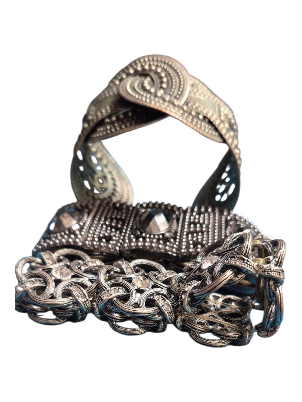 3 Bracelet Lot - .2 Silver & 1 Gold-toned Accent Jewel Pieces On 2 Slip On Style